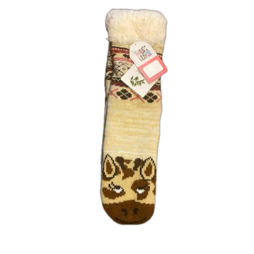 MUK LUKS ORIGINAL CABIN SOCKS TREATED w/ JOJOBA OIL GIRAFFE FAUX FUR LINED L/XL